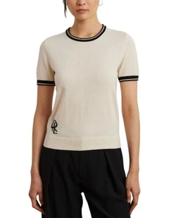Two-Tone Short-Sleeve Sweater in Beige
