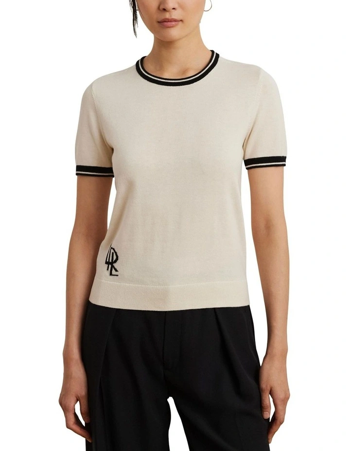Two-Tone Short-Sleeve Sweater in Beige image 1