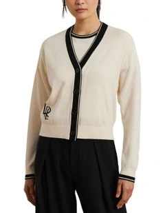 Two-Tone Cotton-Blend Cardigan in Beige