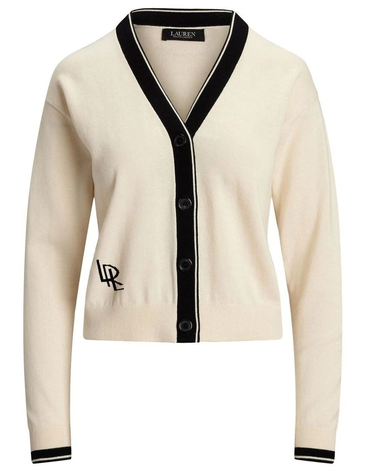 Two-Tone Cotton-Blend Cardigan in Beige image 4
