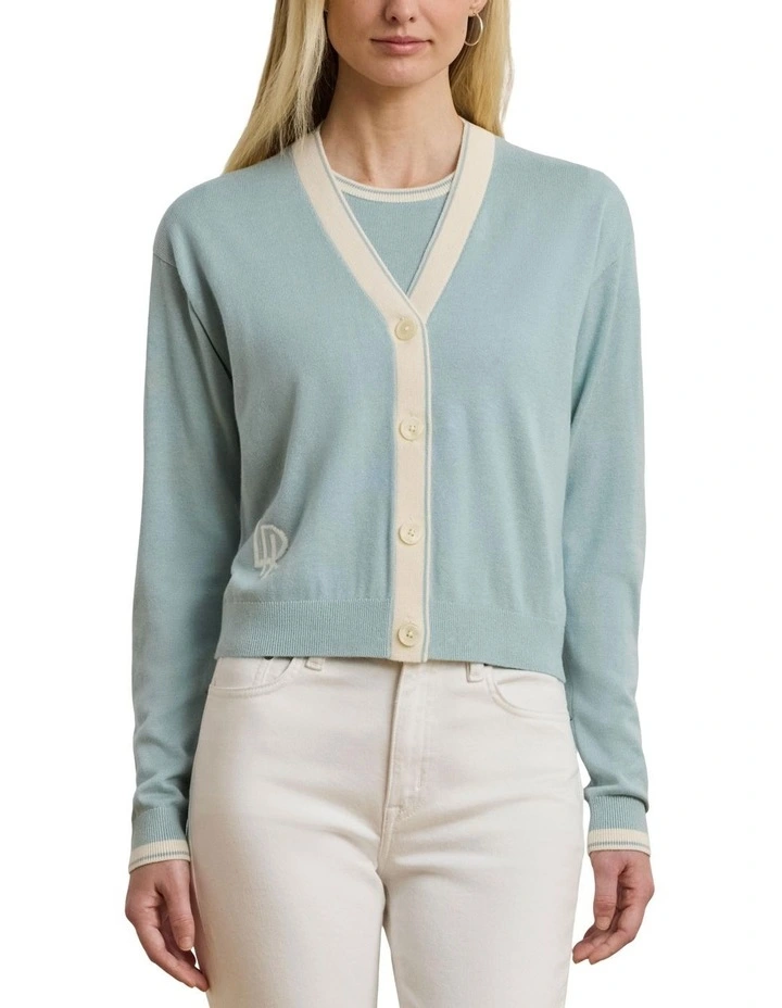 Two-Tone Cotton-Blend Cardigan in Blue image 1