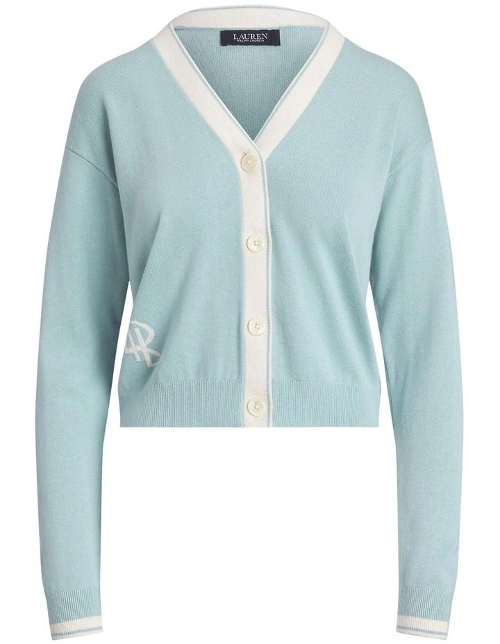 Two-Tone Cotton-Blend Cardigan in Blue image 4