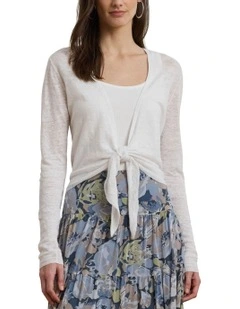 Tie-Front Linen Cardigan in White