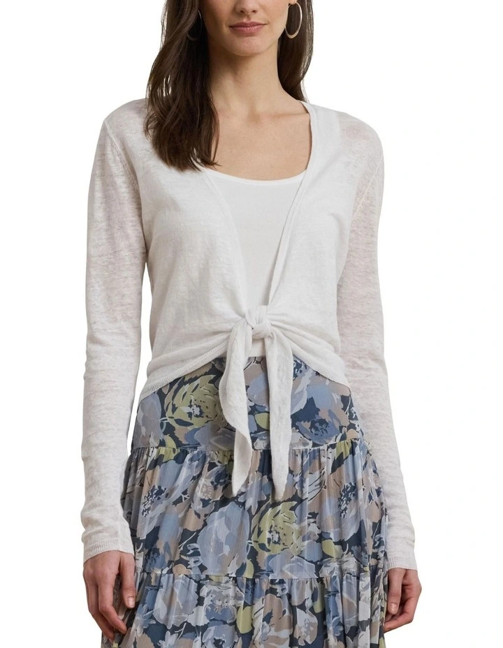 Tie-Front Linen Cardigan in White image 1