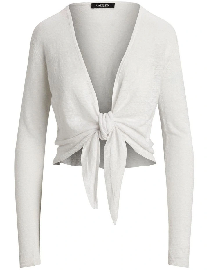 Tie-Front Linen Cardigan in White image 4