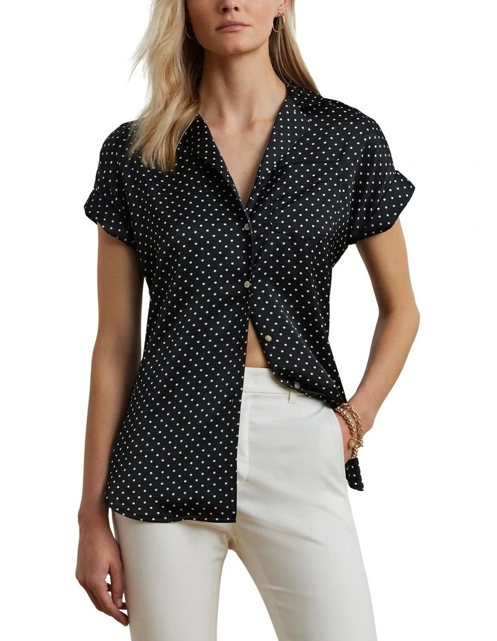 Polka-Dot Charmeuse Camp Shirt in Black image 1
