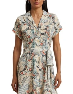 Print Belted Crepe Camp Shirtdress in White
