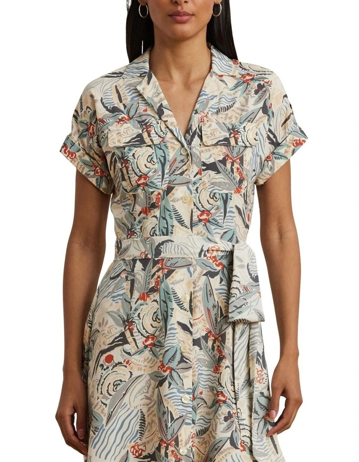 Print Belted Crepe Camp Shirtdress in White image 1