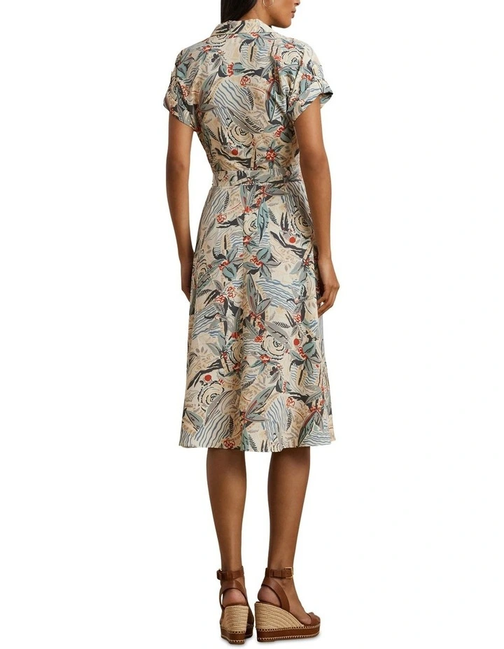 Print Belted Crepe Camp Shirtdress in White image 2