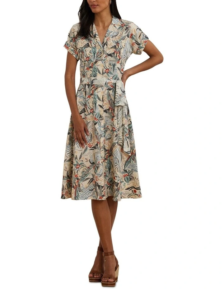 Print Belted Crepe Camp Shirtdress in White image 3