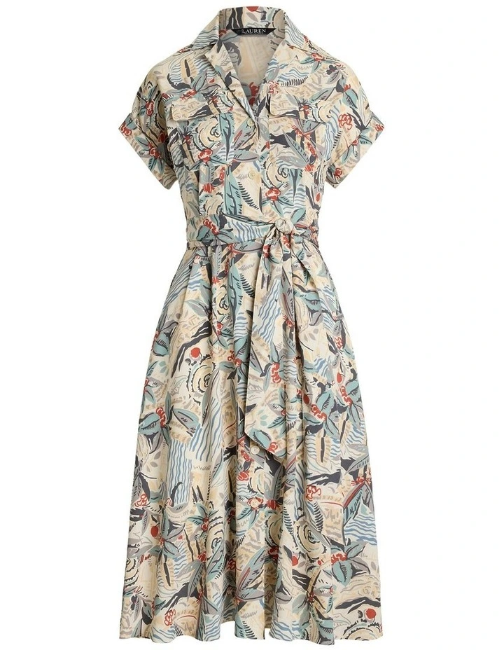 Print Belted Crepe Camp Shirtdress in White image 4