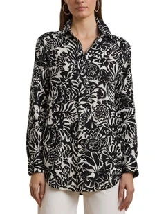 Relaxed Fit Floral Linen Shirt in Black