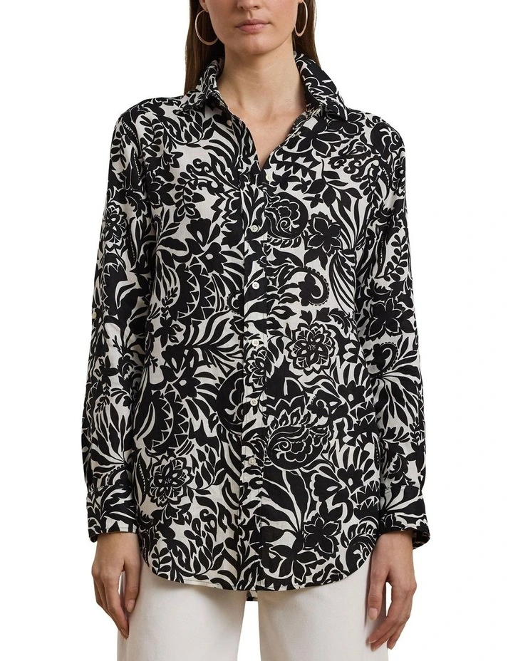 Relaxed Fit Floral Linen Shirt in Black image 1