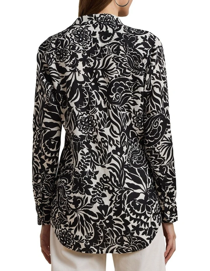 Relaxed Fit Floral Linen Shirt in Black image 2