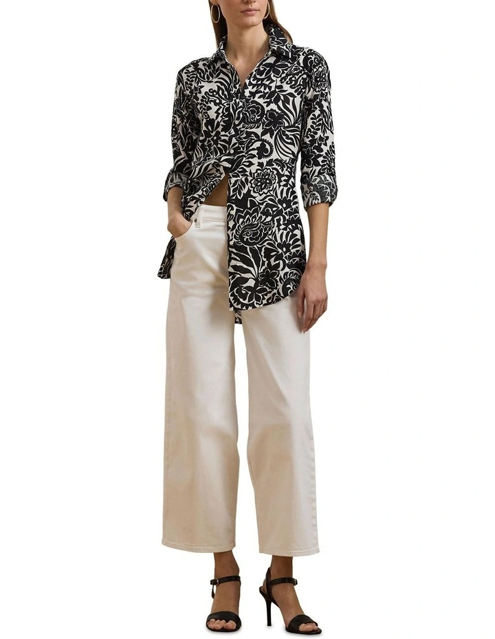 Relaxed Fit Floral Linen Shirt in Black image 3