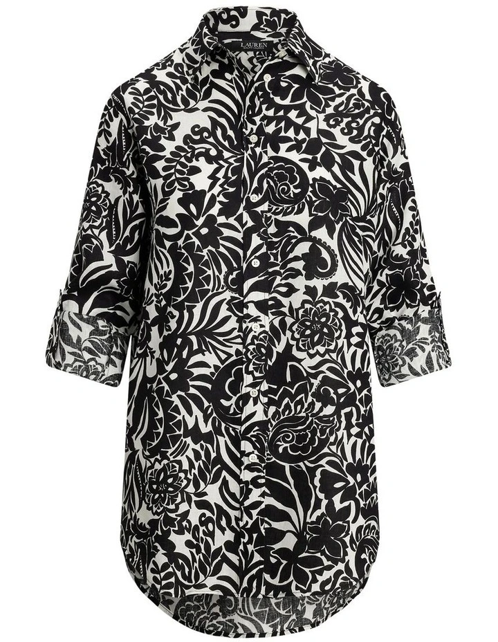 Relaxed Fit Floral Linen Shirt in Black image 4