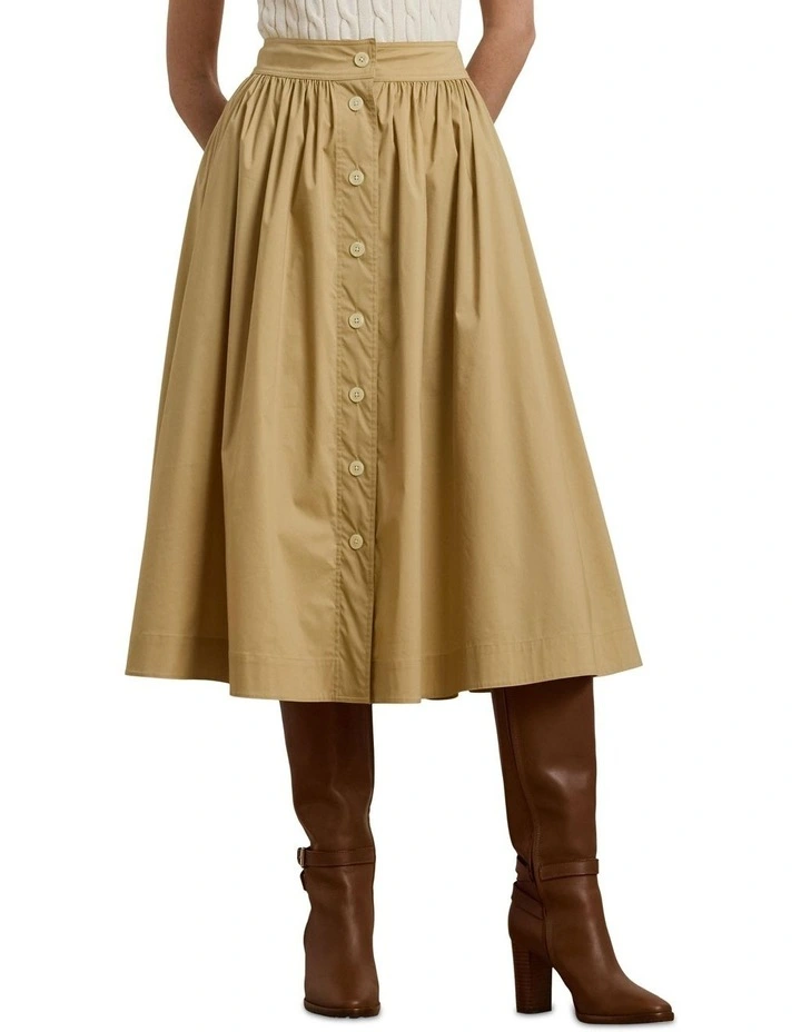Button-Front Cotton-Blend Skirt in Beige image 1