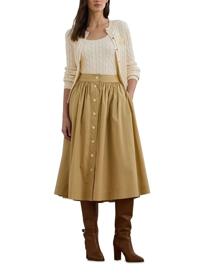 Button-Front Cotton-Blend Skirt in Beige image 3