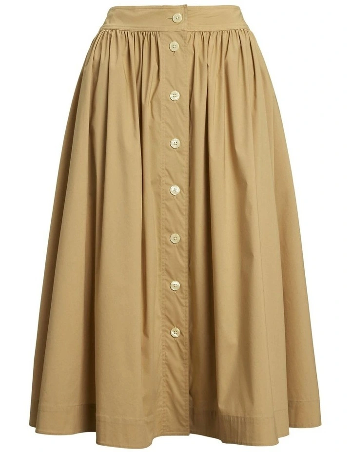 Button-Front Cotton-Blend Skirt in Beige image 4