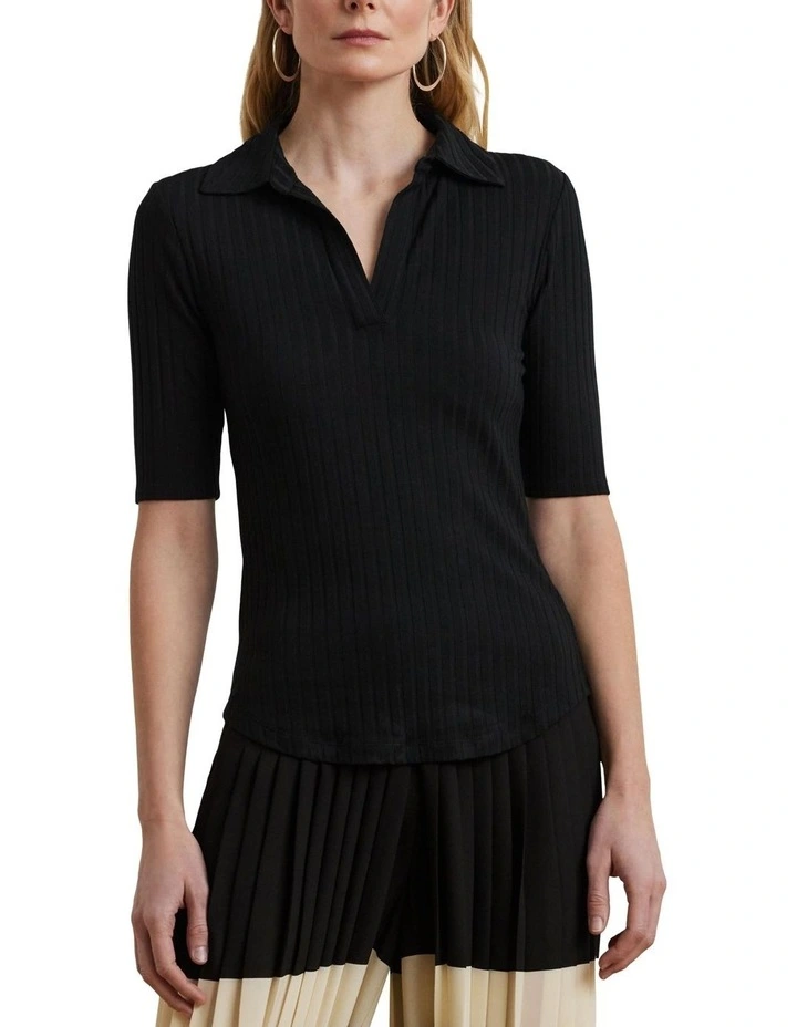 Rib-Knit Elbow-Sleeve Polo Tee in Black image 1