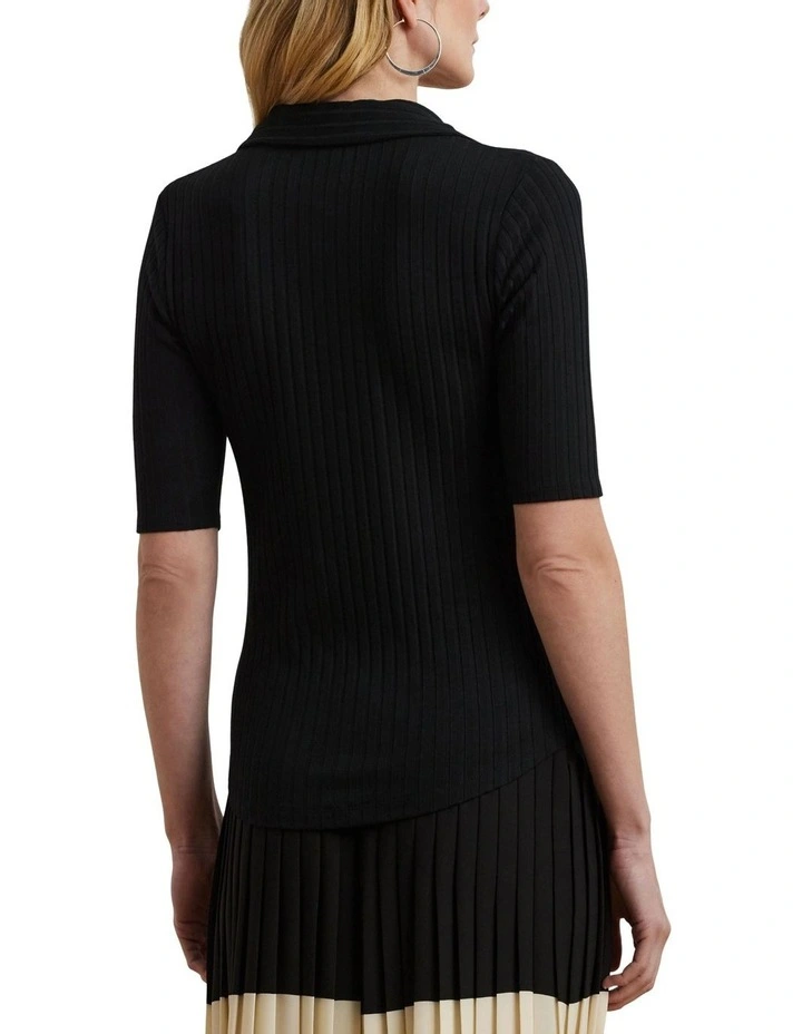 Rib-Knit Elbow-Sleeve Polo Tee in Black image 2