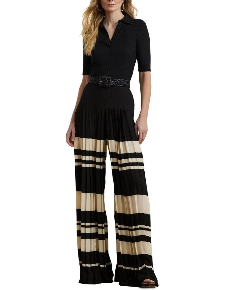 Rib-Knit Elbow-Sleeve Polo Tee in Black image 3
