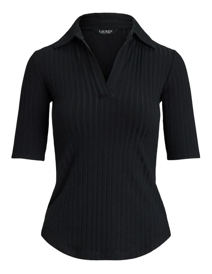Rib-Knit Elbow-Sleeve Polo Tee in Black image 4