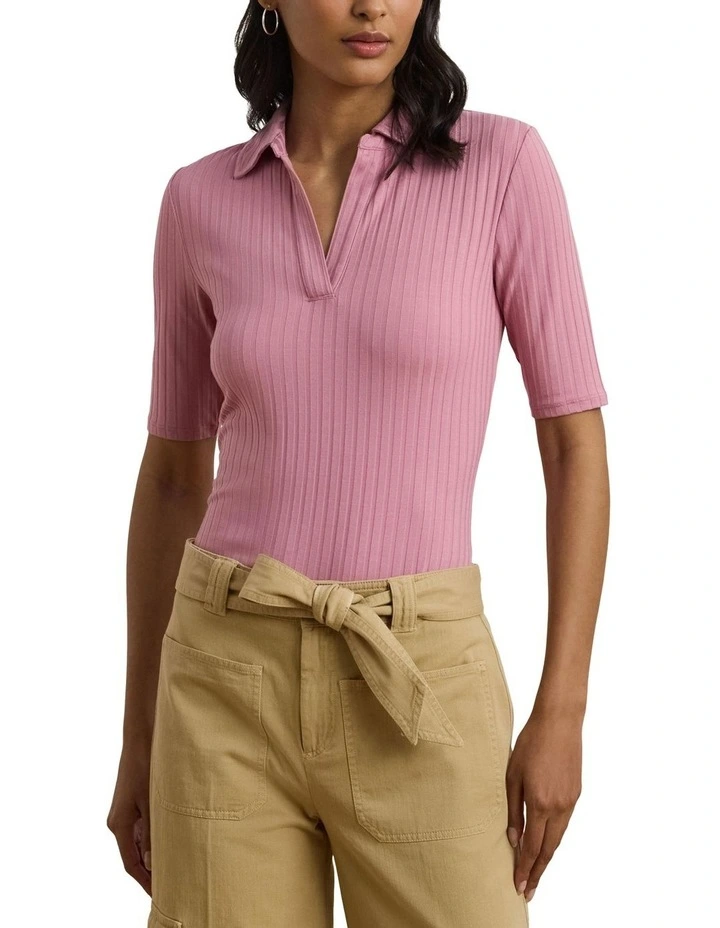 Rib-Knit Elbow-Sleeve Polo Tee in Pink image 1