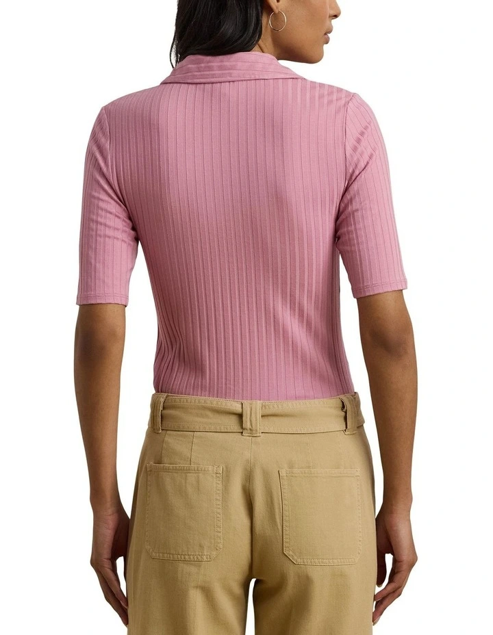 Rib-Knit Elbow-Sleeve Polo Tee in Pink image 2
