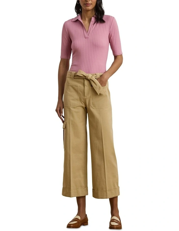 Rib-Knit Elbow-Sleeve Polo Tee in Pink image 3