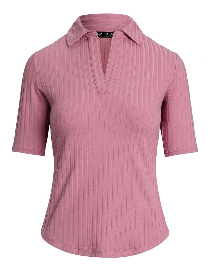 Rib-Knit Elbow-Sleeve Polo Tee in Pink image 4