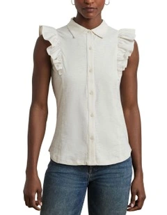 Ruffle-Trim Jersey Sleeveless Shirt in Cream