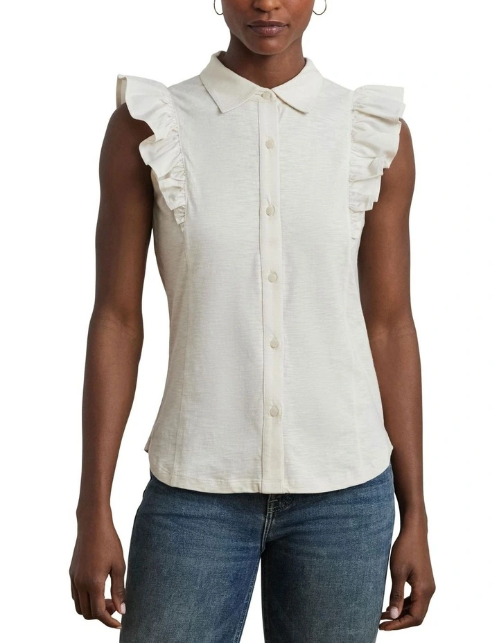 Ruffle-Trim Jersey Sleeveless Shirt in Cream image 1