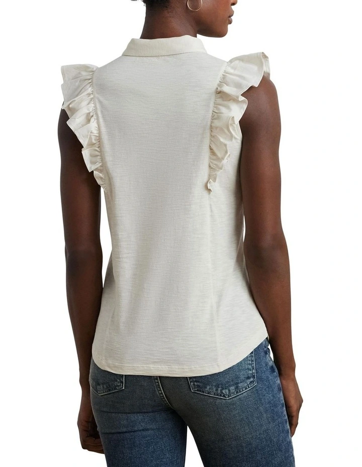 Ruffle-Trim Jersey Sleeveless Shirt in Cream image 2