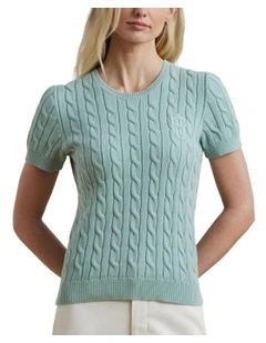 Cable-Knit Cotton Short-Sleeve Sweater in Blue