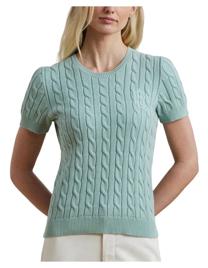 Cable-Knit Cotton Short-Sleeve Sweater in Blue image 1