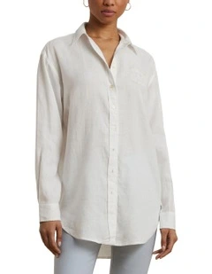 Oversize Floral-Logo Linen Shirt in White