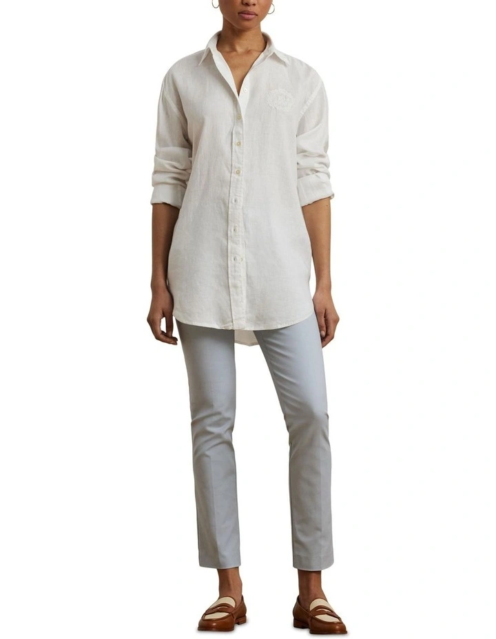 Oversize Floral-Logo Linen Shirt in White image 3