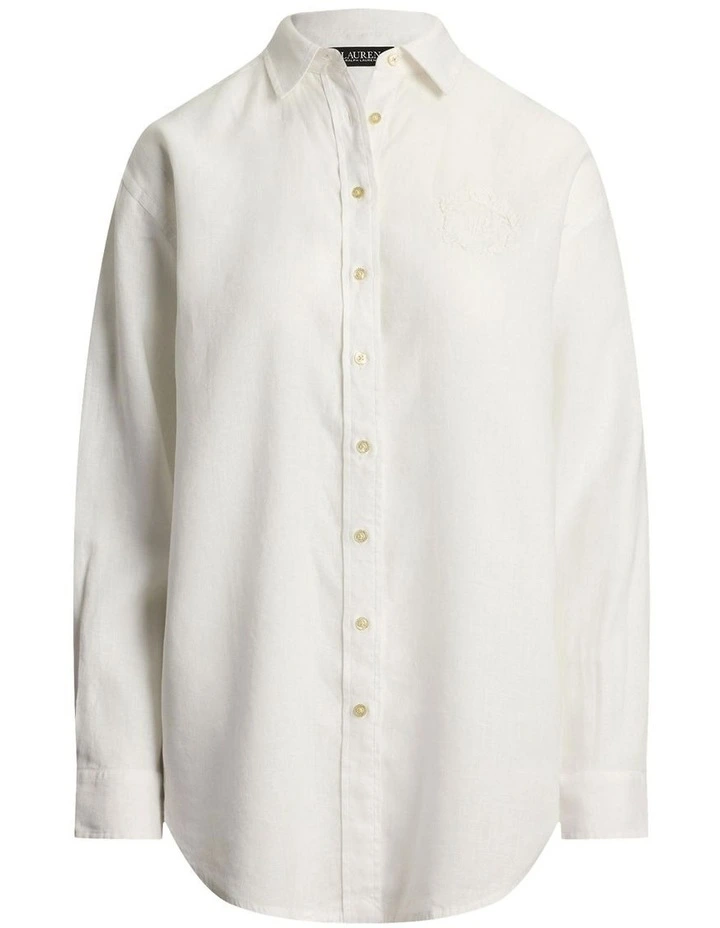 Oversize Floral-Logo Linen Shirt in White image 4