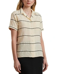 Striped Short-Sleeve Camp Shirt in Beige