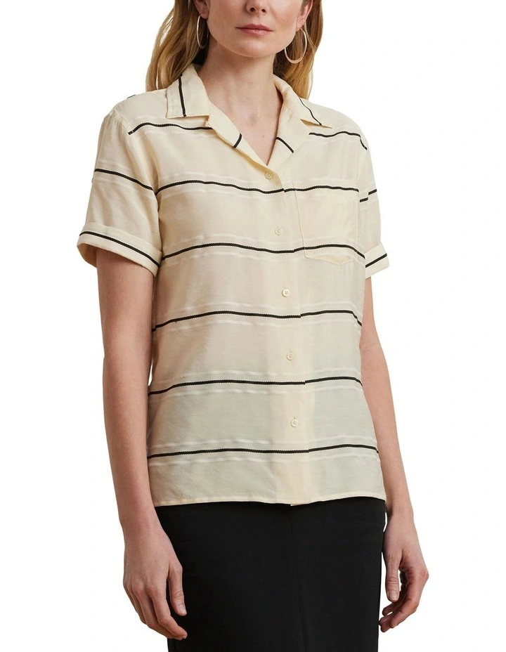 Striped Short-Sleeve Camp Shirt in Beige image 1