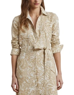 Floral Linen Shirtdress in Beige