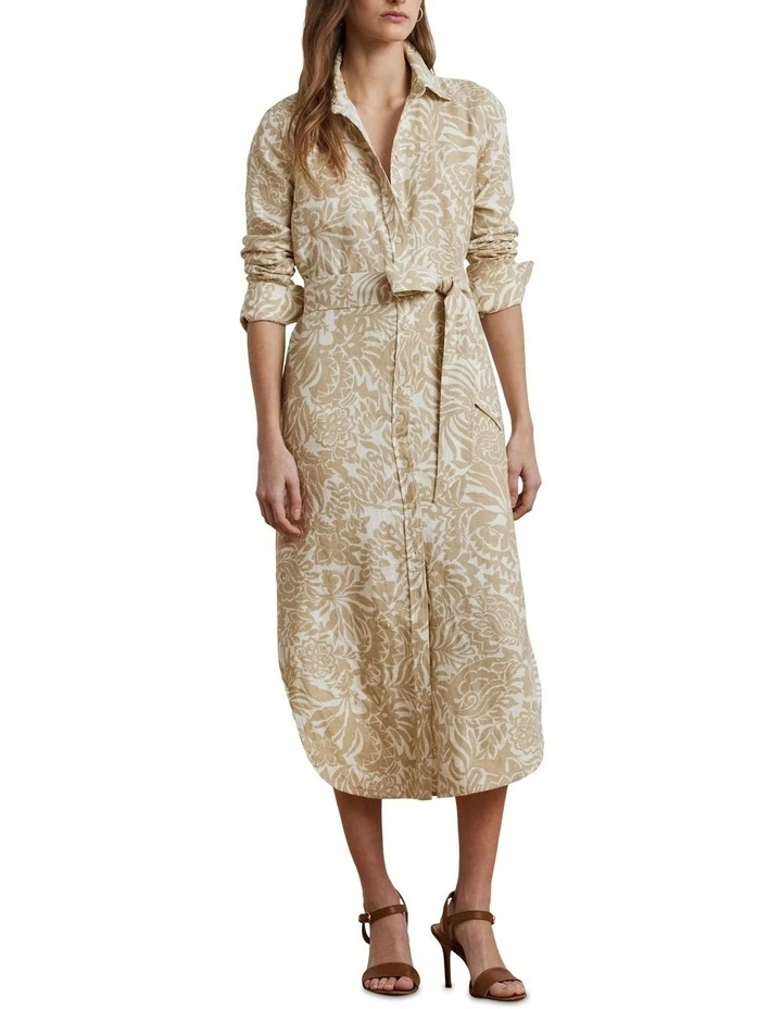 Floral Linen Shirtdress in Beige image 3