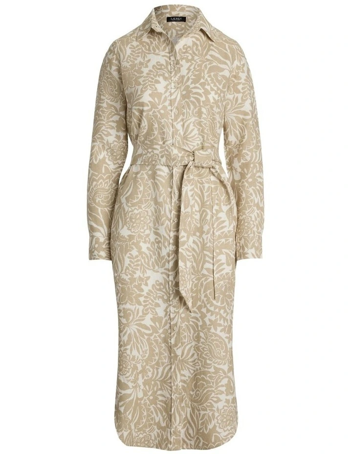 Floral Linen Shirtdress in Beige image 4
