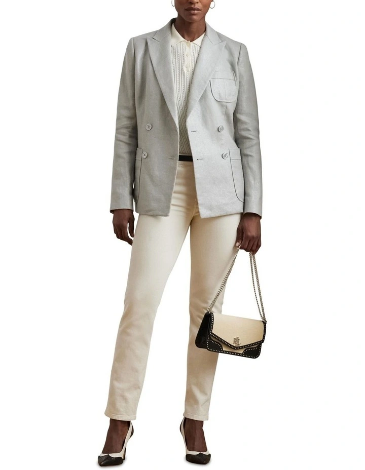 Foiled Linen-Cotton Blazer in Blue image 3