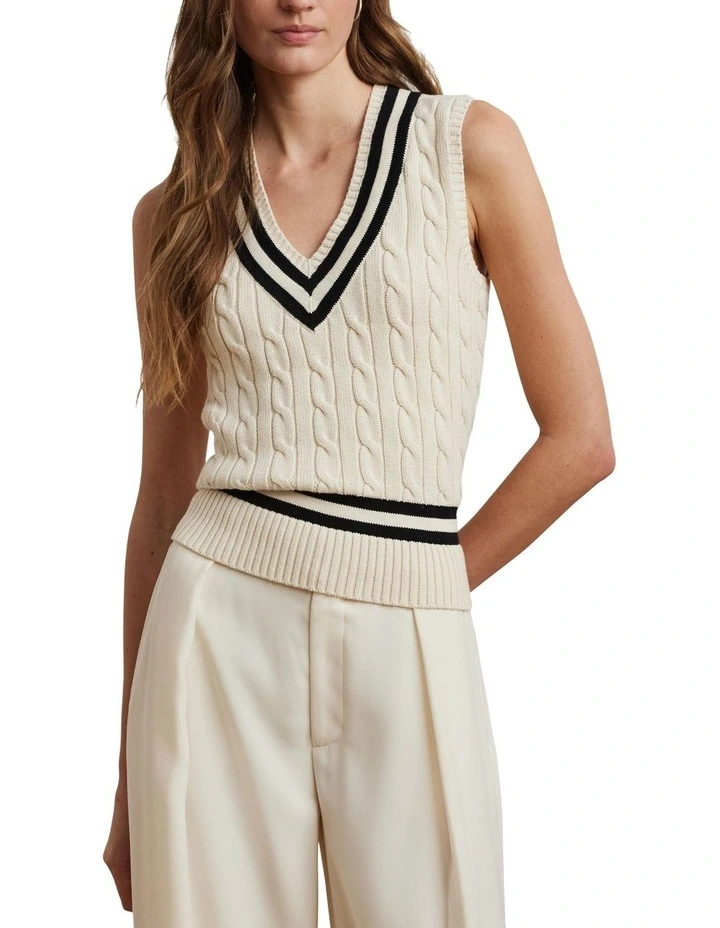 Cable-Knit Cotton Cricket Sweater Vest in Cream image 1
