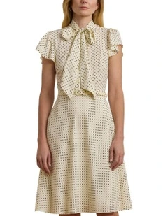 Polka-Dot Belted Crepe Tie-Neck Dress in Beige