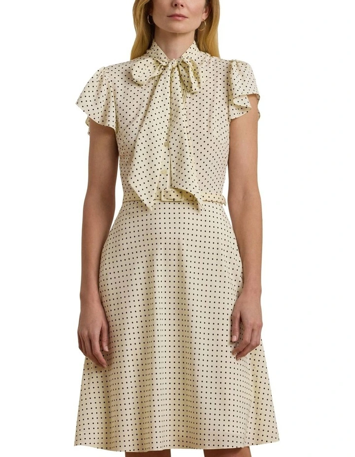 Polka-Dot Belted Crepe Tie-Neck Dress in Beige image 1