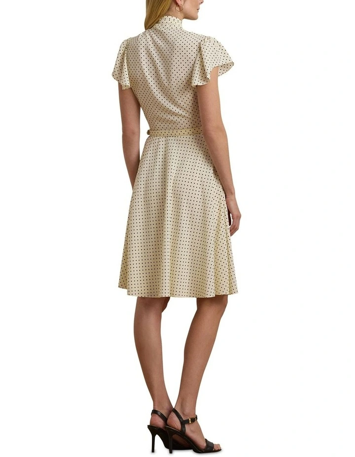 Polka-Dot Belted Crepe Tie-Neck Dress in Beige image 2