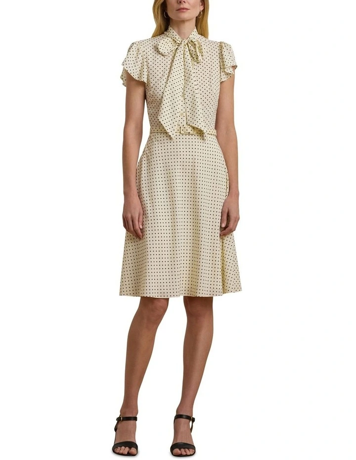 Polka-Dot Belted Crepe Tie-Neck Dress in Beige image 3